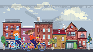 Kids on bicycle in town - vector clipart