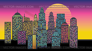 Retro scrapers with neon windows - vector clipart