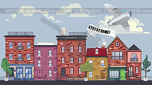 Самолет с надписью "остаться дома" над городом - векторный графический клипарт