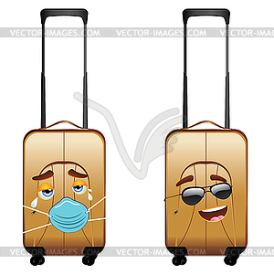Suitcase cry in facemask and happy in sunglasses - vector clip art