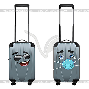 Suitcase cry in facemask and happy in sunglasses - vector image