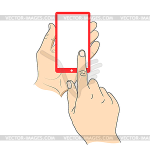 Рука трогательно смартфон с пустой белый экран. - изображение в векторном виде