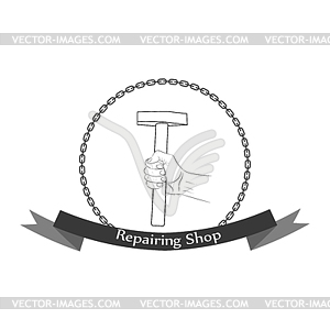 Repair workshop hand with a hammer logo. - vector image