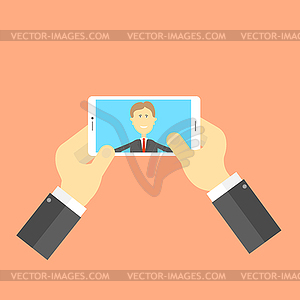 Businessman makes selfie. Vector illustration . - vector image