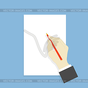 Hand with pencil and white sheet of paper - vector image