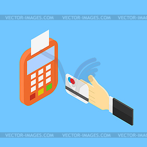 Hand with credit card payment through terminal - vector image