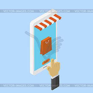 Магазины, интернет-магазин по мобильному телефону - иллюстрация в векторе
