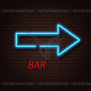 Arrow neon sign and bar on brick background - vector image