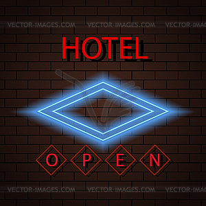 Neon signboard hotel sign on brick wall - vector clipart