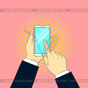 Man is writing message on smartphone, pop art style - vector image