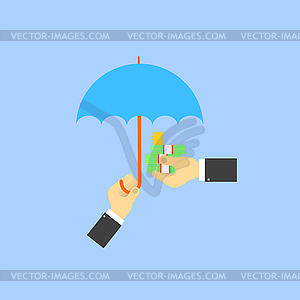 Businessman umbrella covers money of another - vector clipart