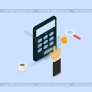 Businessman makes calculations on calculator - vector image