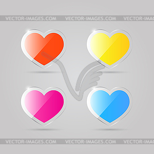 Стеклянные блестящие разноцветные сердца на сером фоне - векторное изображение клипарта