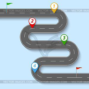 Winding road with road signs and flags - vector image