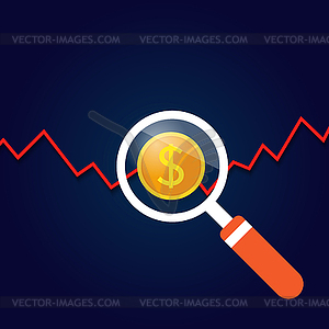 Magnifying glass above graph of profit growth - vector clipart