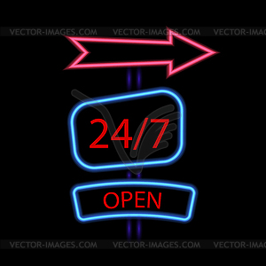 Neon poster 24/7 is open on black background - vector image