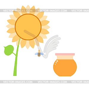 Honey in can of bee and sunflower  - vector image