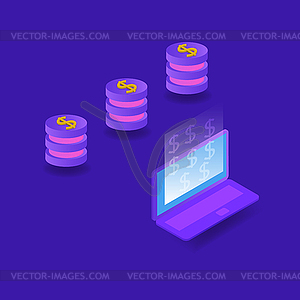 Подключение компьютера к сети и зарабатывание денег - изображение векторного клипарта