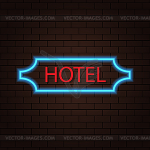 Neon sign of hotel on brick wall - vector image