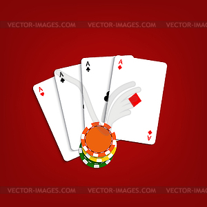 Playing cards and chips on red background - vector clipart