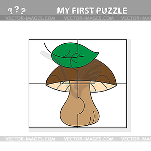 Carto mushroom with leaves. Paper game My first - vector image