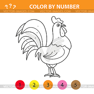 Color by number for children - farm animals rooster - vector clip art