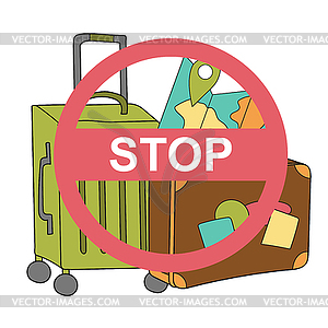 Red stop sign on suitcase. Coronavirus pandemic. - vector image