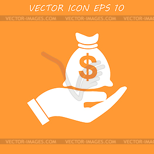 Money insurance sign. Hand holds cash bag in Dollar - vector image