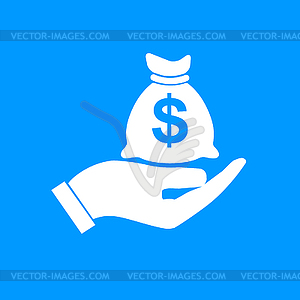 Money insurance sign. Hand holds cash bag in Dollar - vector clipart