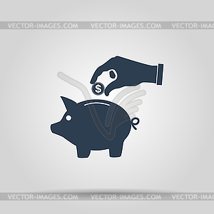 Piggy bank and hand with coin black icon. , - vector clipart