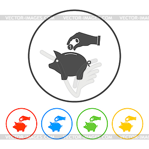 Piggy bank and hand with coin black icon. , - vector image