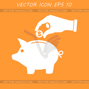 Piggy bank and hand with coin black icon. , - vector clipart