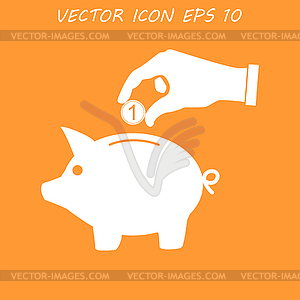 Piggy bank and hand with coin black icon. , - vector image