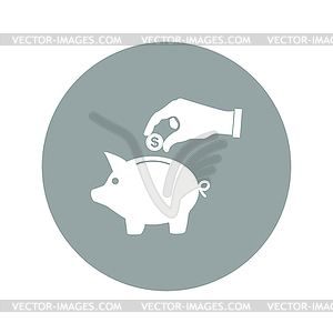 Piggy bank and hand with coin black icon. , - vector clipart