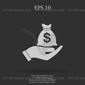 Money insurance sign. Hand holds cash bag in Dollar - vector image