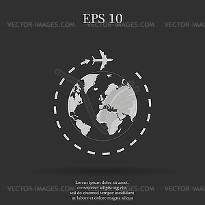 Globe and plane travel icon - white & black vector clipart