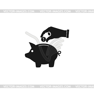 Piggy bank and hand with coin black icon. , - vector image