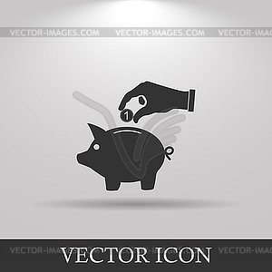 Piggy bank and hand with coin black icon. , - vector clipart