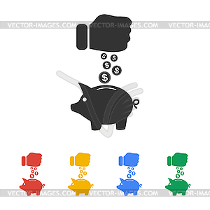 Piggy bank and hand with coin black icon. , - vector clip art