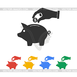 Piggy bank and hand with coin black icon. , - vector clipart