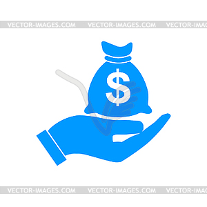 Money insurance sign. Hand holds cash bag in Dollar - vector clip art