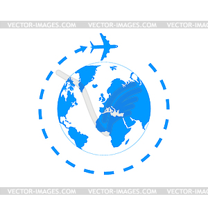 Globe and plane travel icon - color vector clipart