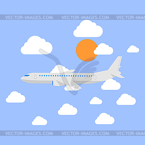 Concept of modern detailed airplane flying through - vector clip art