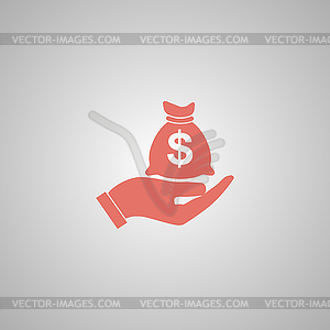 Money insurance sign. Hand holds cash bag in Dollar - vector clip art