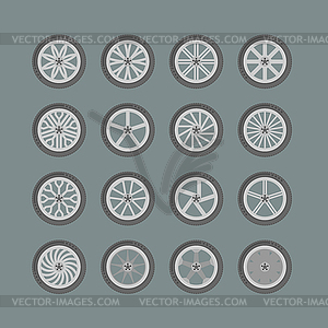 Tires and wheels icons set - vector image