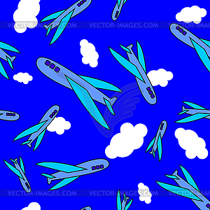 Seamless pattern cartoon airplanes, clouds - vector image