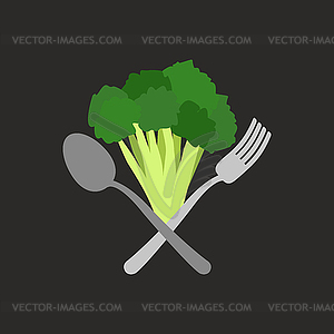 Вегетарианская логотип. Брокколи с вилкой и ложкой. - векторизованное изображение