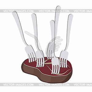 Delicious steak. Fried meat with with many forks. - vector clipart