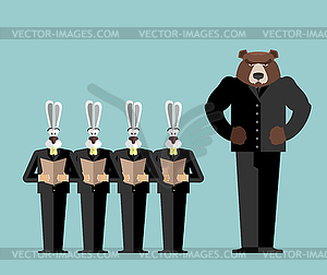 Meeting Office. Bear big boss scolds rabbits. - vector clip art