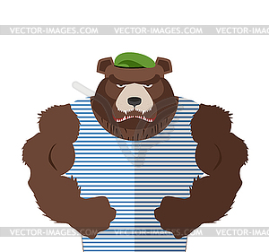 Angry bear in striped vest. Russian bear defender i - vector clipart